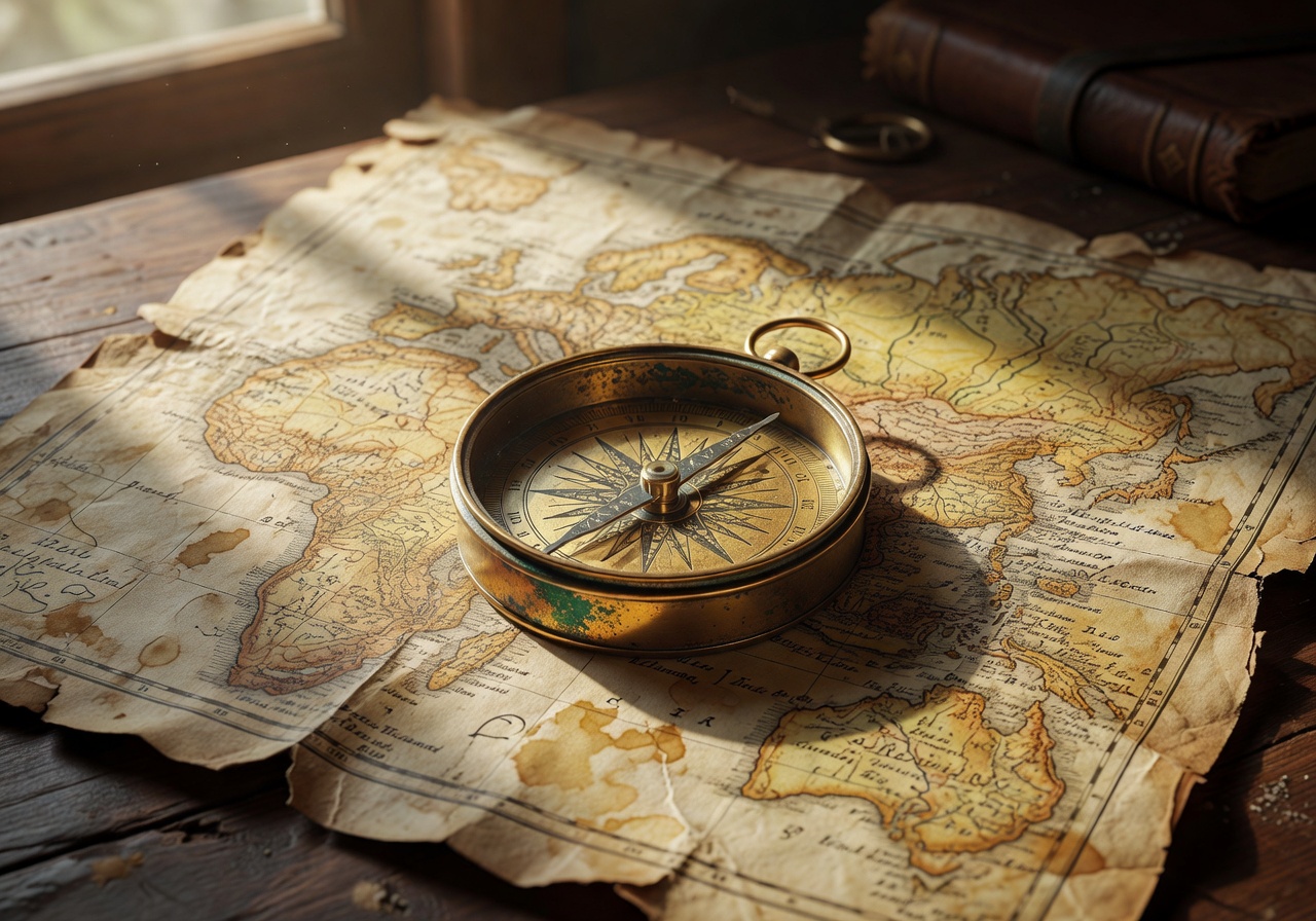 Ancient golden compass on a weathered exploration map