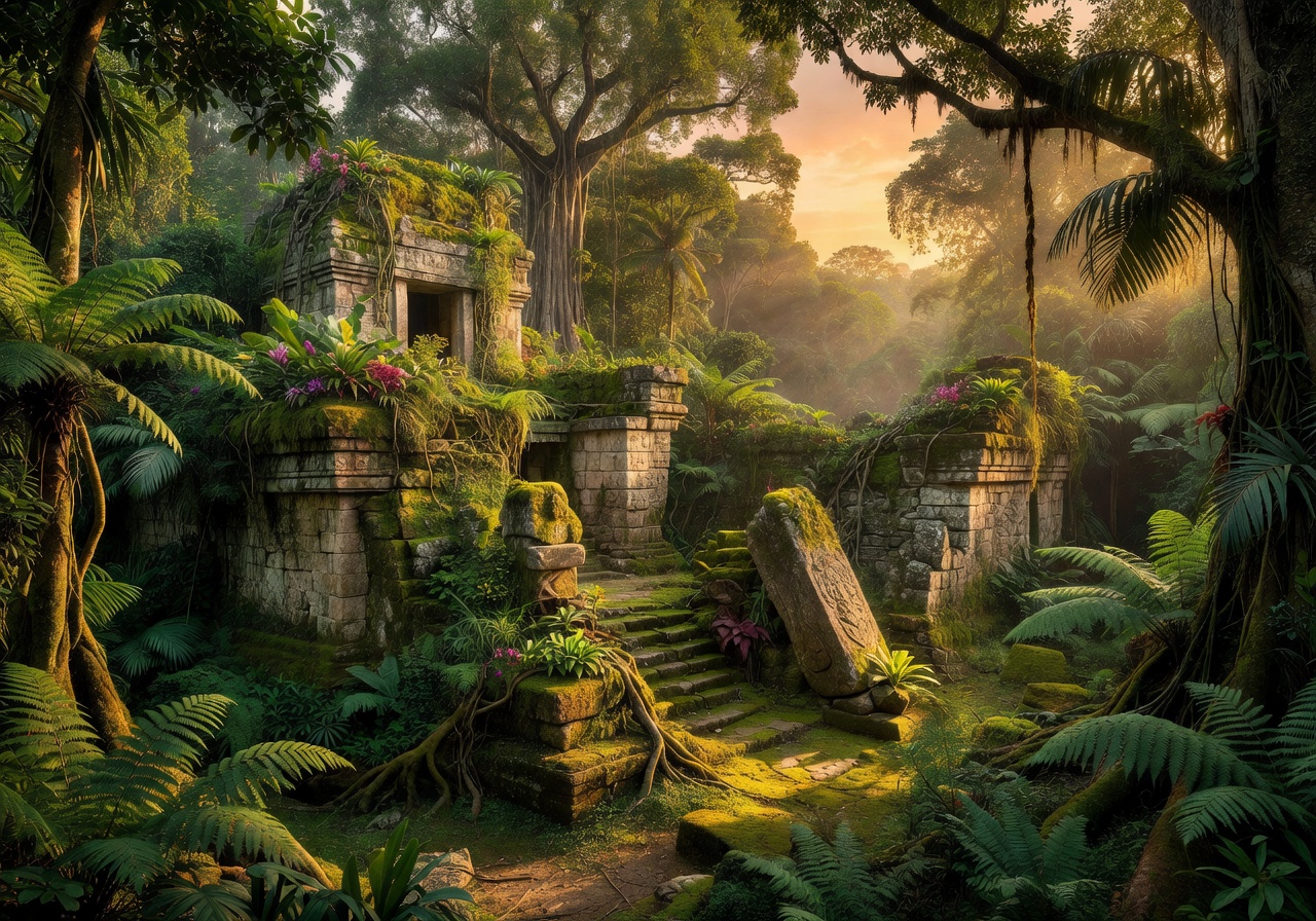 Ancient jungle temple ruins overgrown with tropical vegetation at golden hour