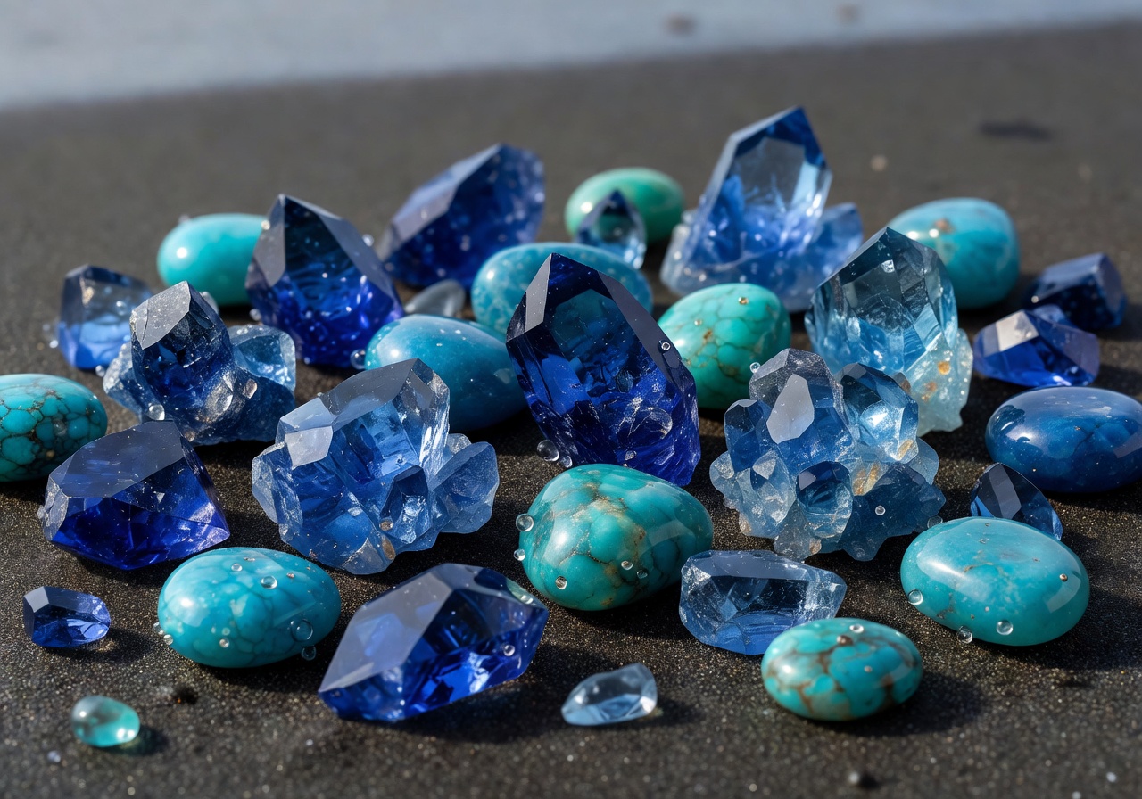 Brilliant blue crystal gems and precious ocean stones