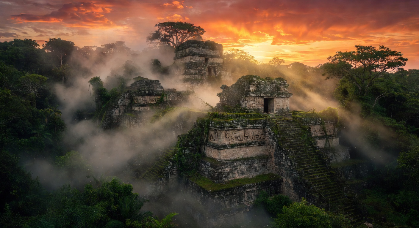 Dramatic ancient temple ruins shrouded in jungle mist at sunset