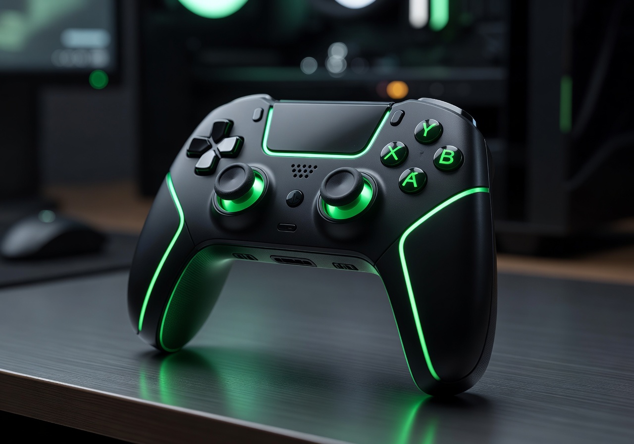 Gaming controller with vibrant emerald green lighting effects