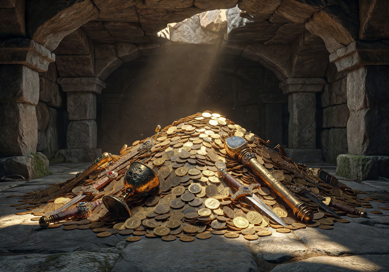 Gleaming pile of gold coins and ancient treasure artifacts in a stone vault