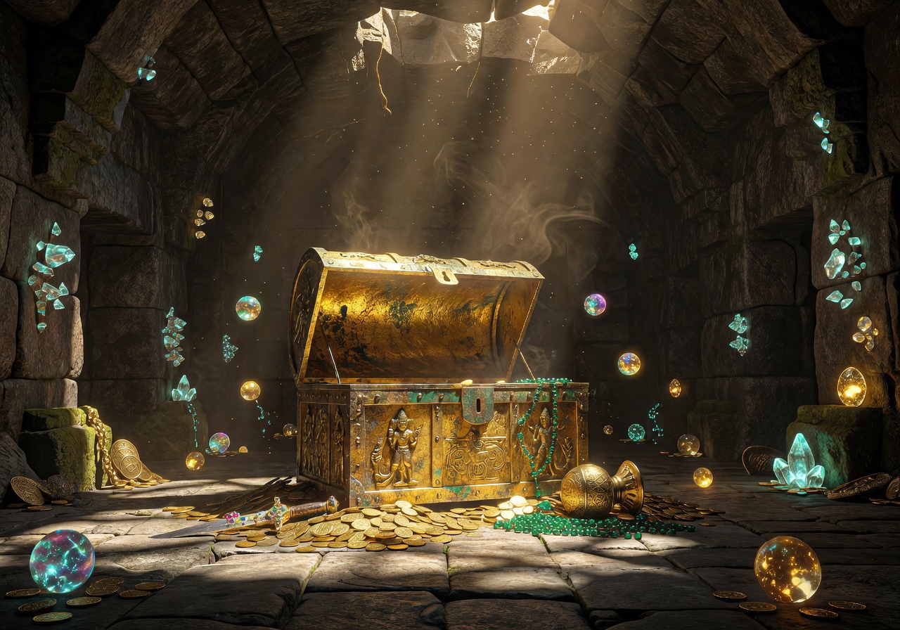 Golden treasure chest in an ancient temple vault with glowing artifacts