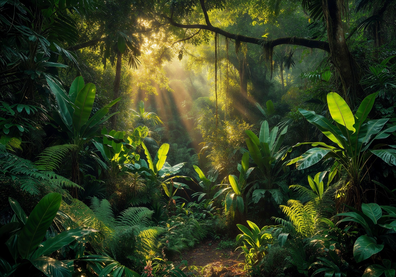 Lush emerald jungle canopy with golden sunlight streaming through