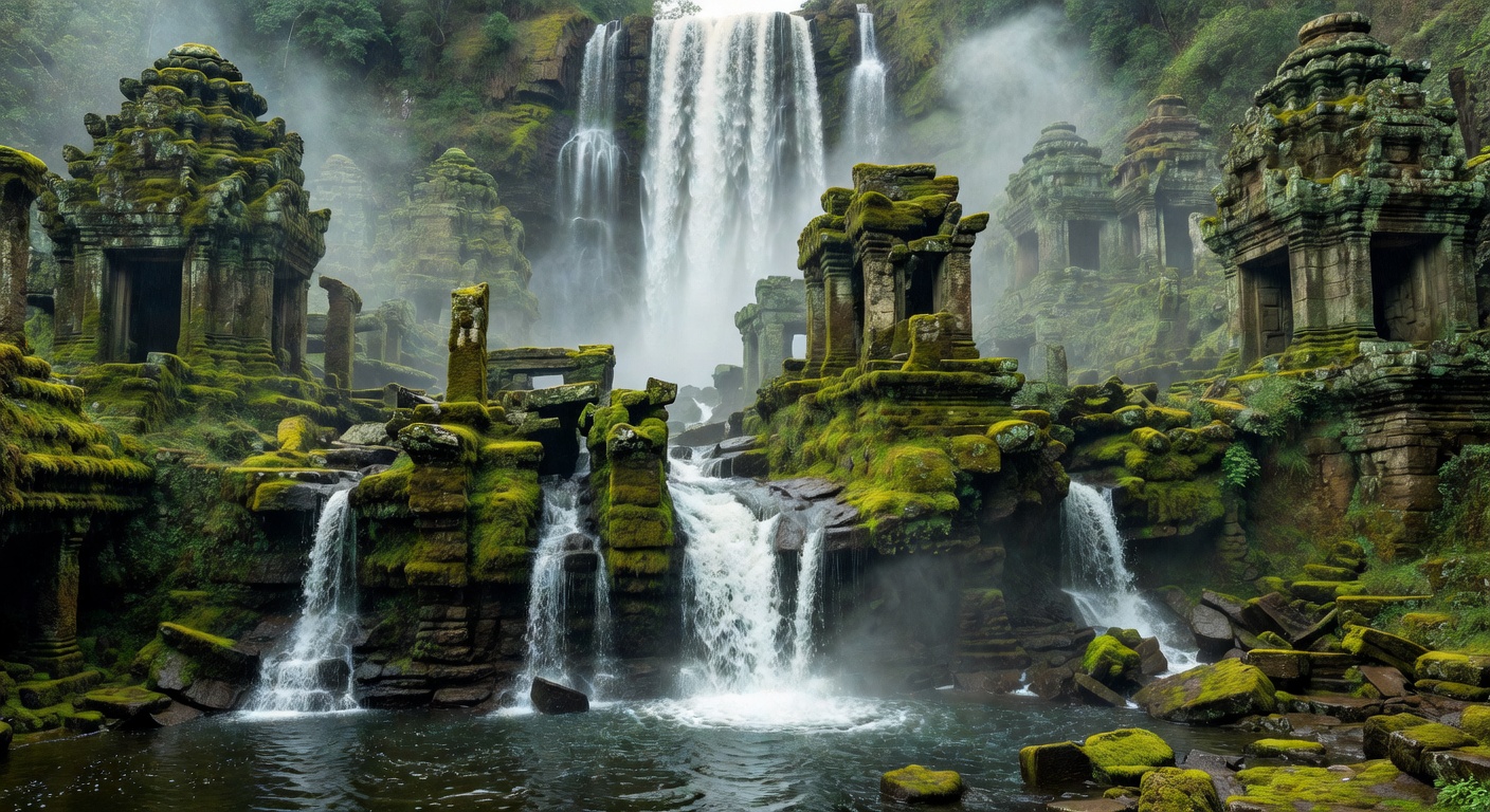Majestic waterfall cascading through ancient moss-covered temple ruins