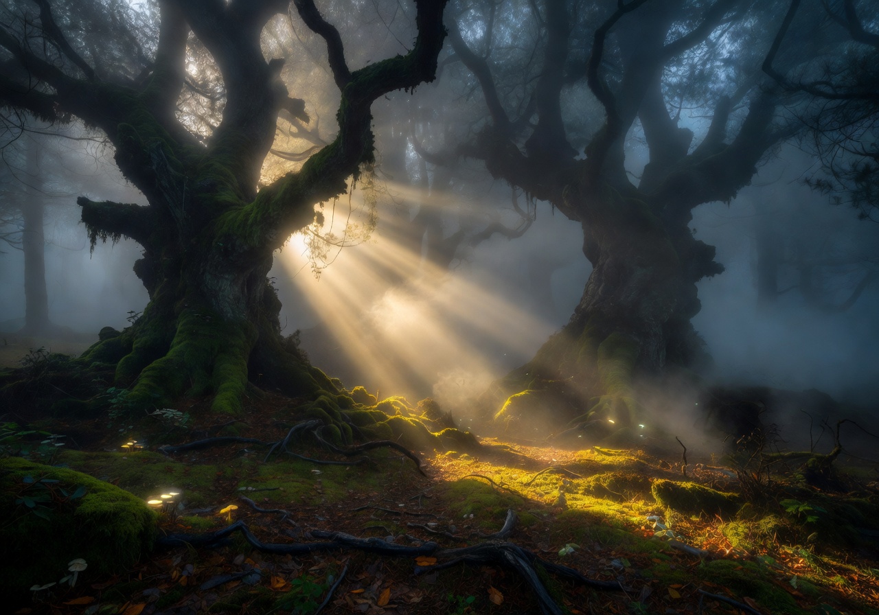Mysterious foggy ancient forest with rays of golden sunlight breaking through