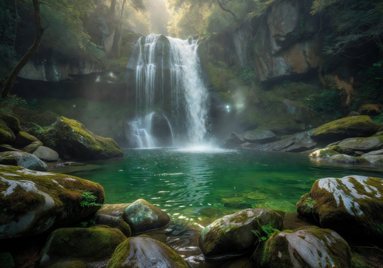 Mystical waterfall cascading into an emerald pool surrounded by ancient stones
