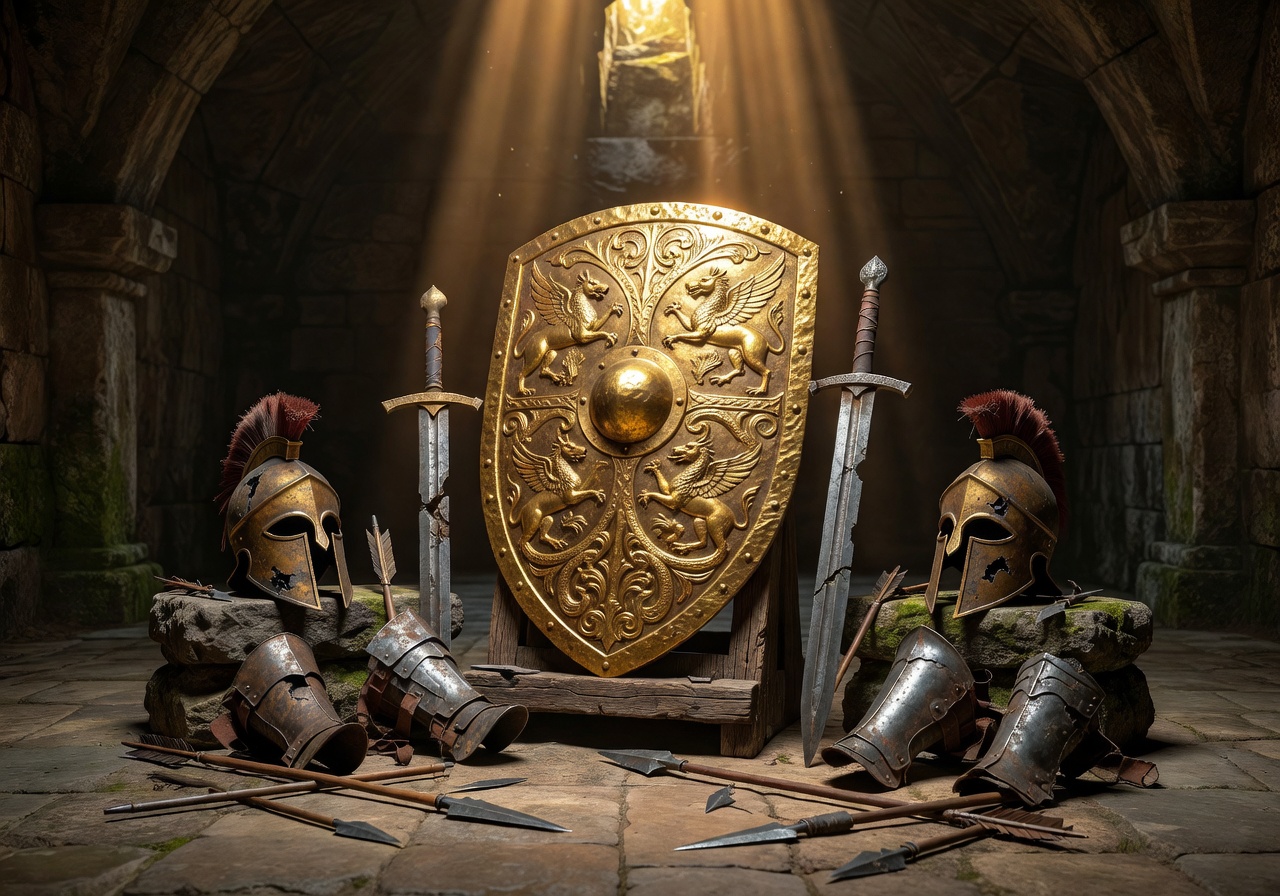 Ornate golden shield and ancient warrior artifacts