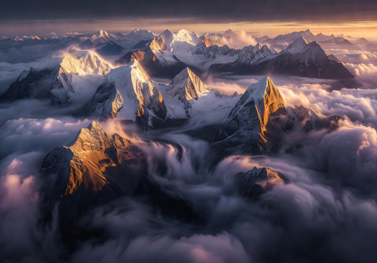 Snow-capped mountain peaks piercing through dramatic clouds at sunrise