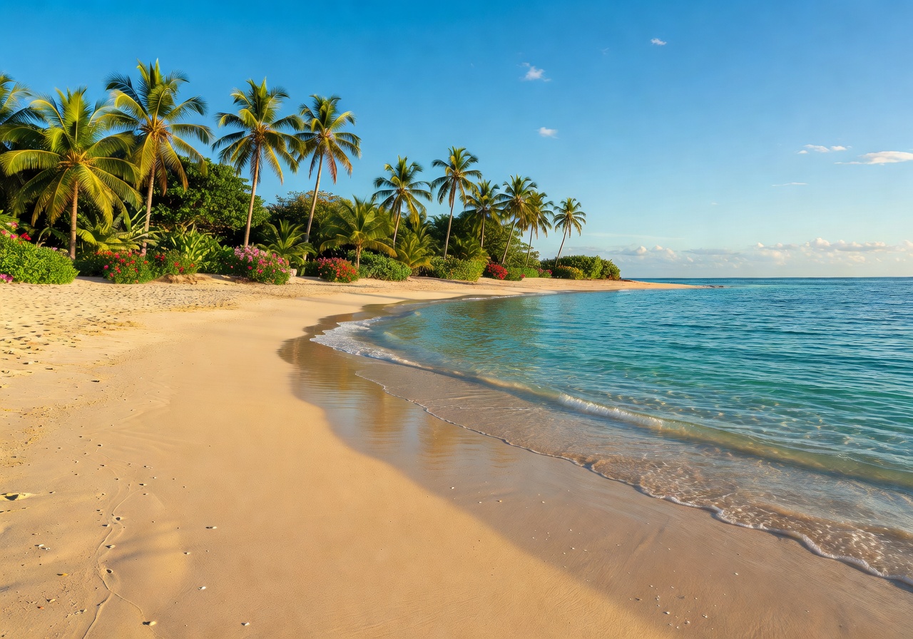 Tropical island with turquoise ocean waters and golden sandy beach